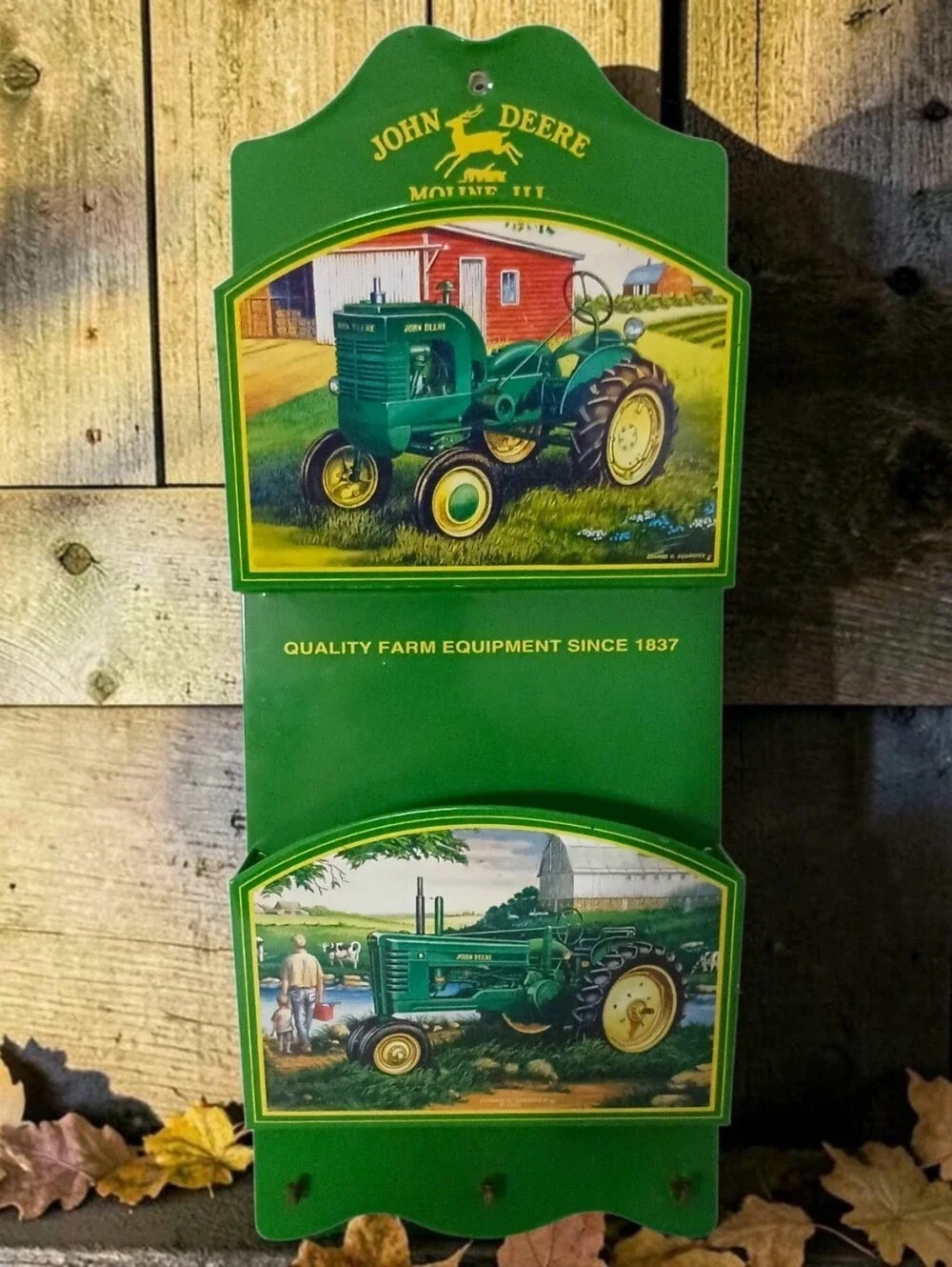 Vtg John Deere Tractor Mail Holder Key Rack Metal 3 Hooks Farmhouse Wall Decor